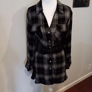 Ruby Rd. Black & White Plaid Button-up Blouse/Mini Dress with Ruffled Hem